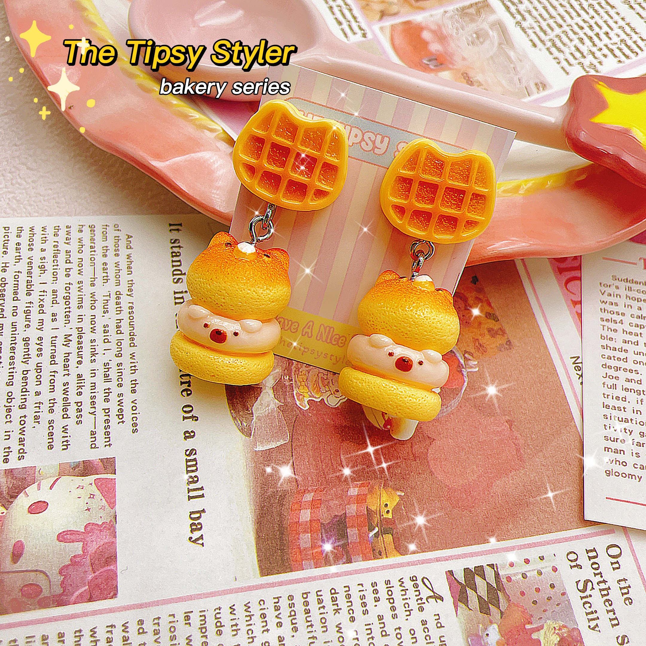 Kitty Shape Waffle & Doggy Sandwich Earrings.